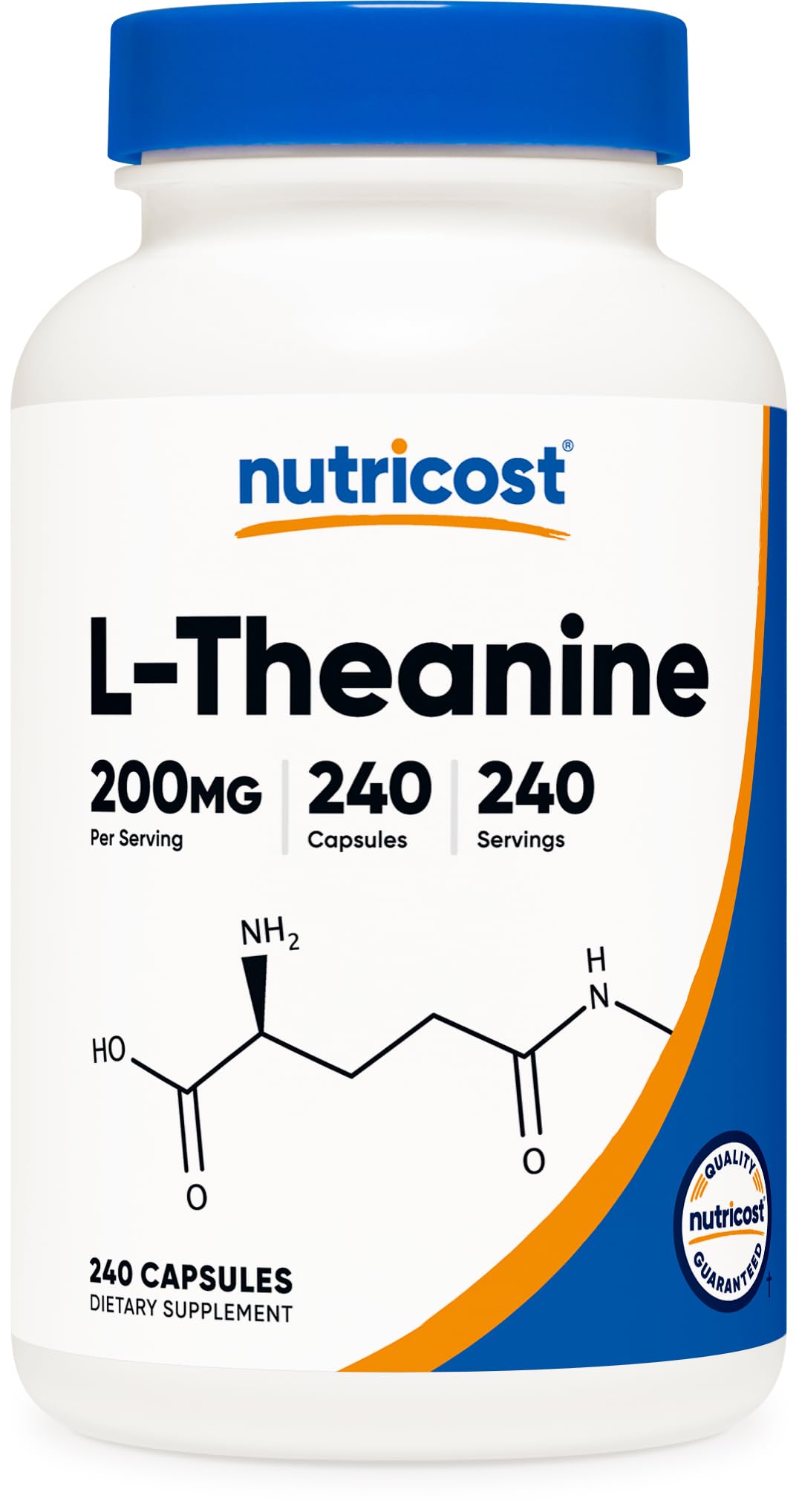 Nutricost L-Theanine vista frontal del envase mostrando el diámetro y la marca, confianza de presentación