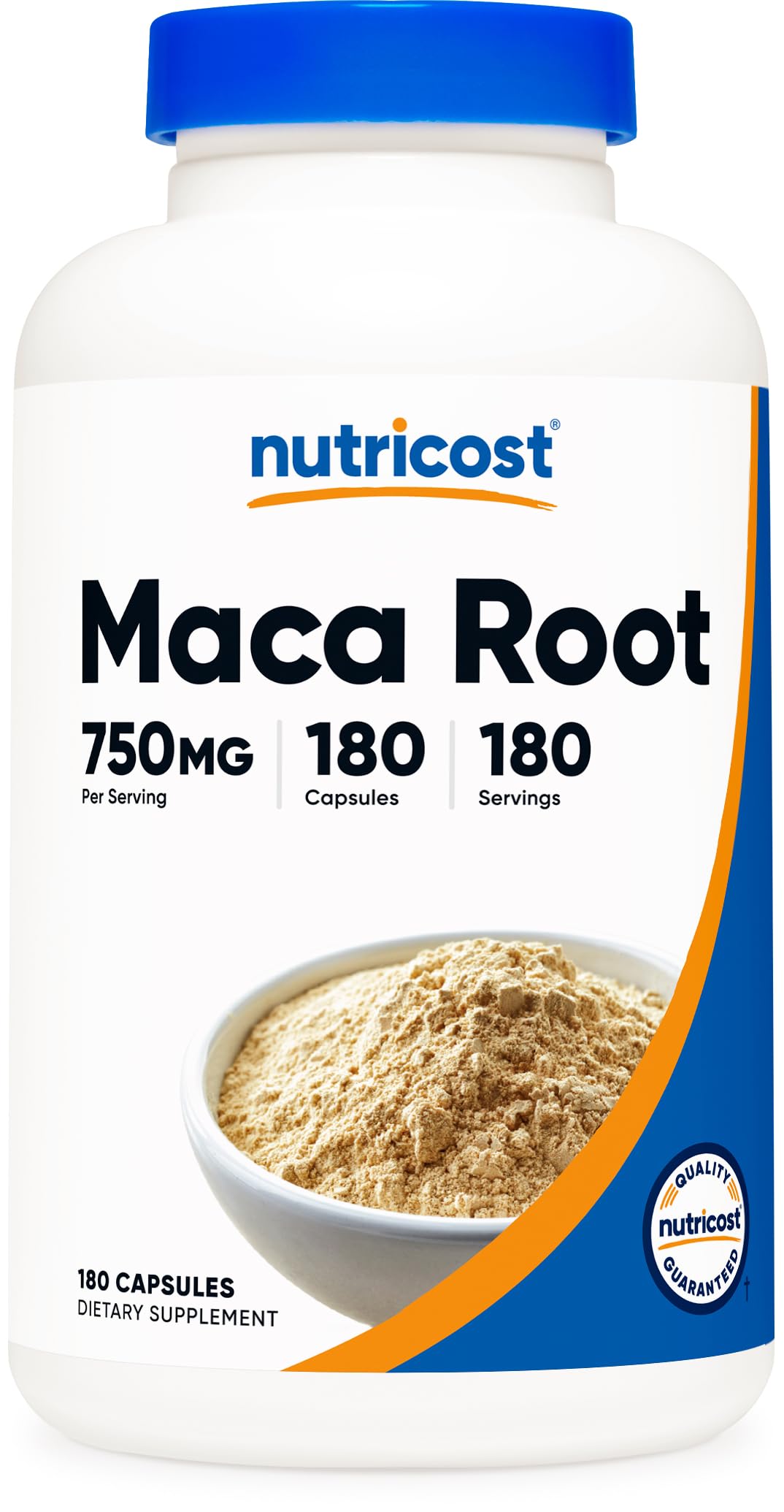 Nutricost frasco frontal mostrando 180 cápsulas y ventaja de suministro prolongado