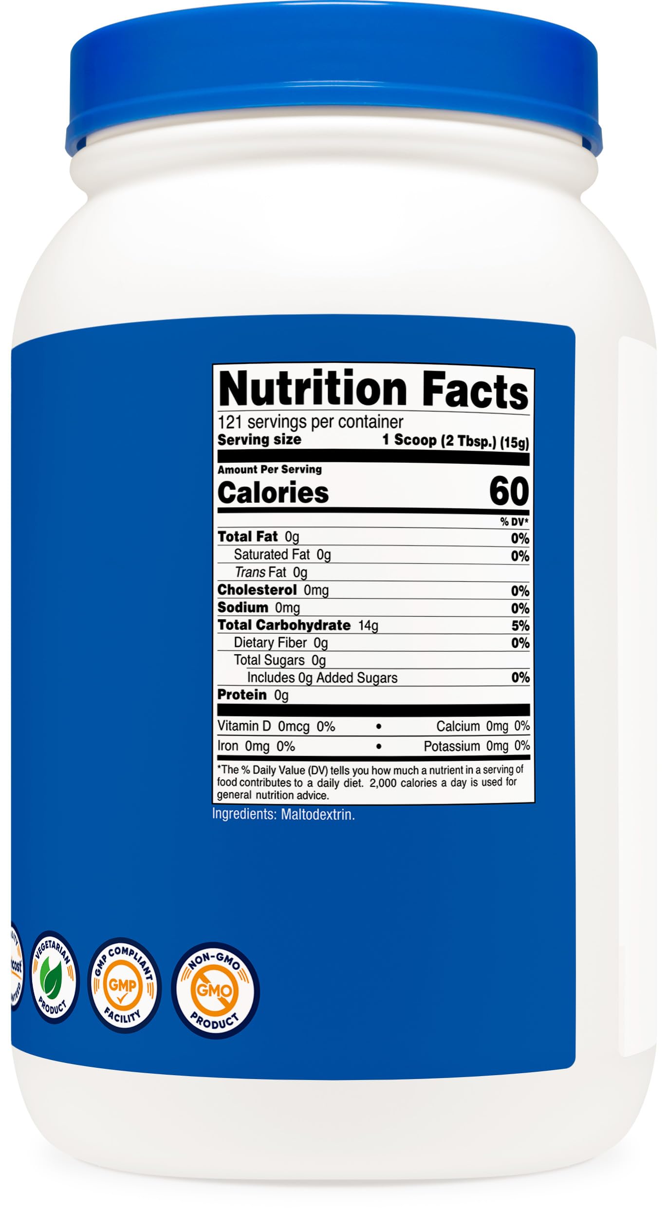 Nutricost frasco junto a objetos para comparar tamaño y porción