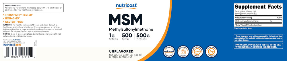 Nutricost envase junto a una balanza, ilustra 500 gramos totales