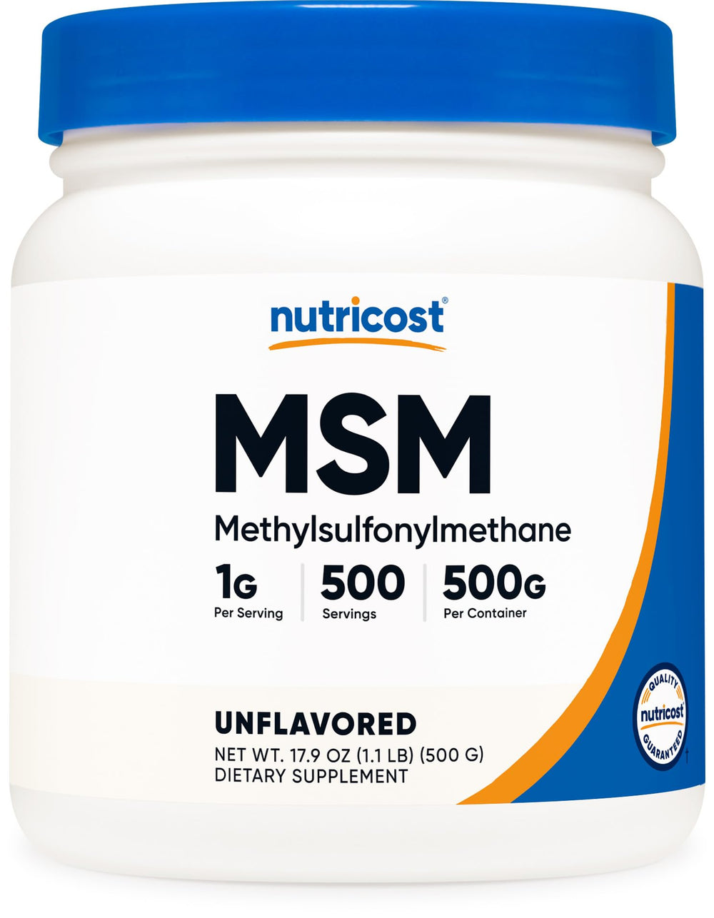 Nutricost bote de MSM puro frente muestra presentación y cantidad