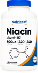 Nutricost frasco frontal de Niacin 500 mg mostrando etiqueta y cantidad 240 cápsulas