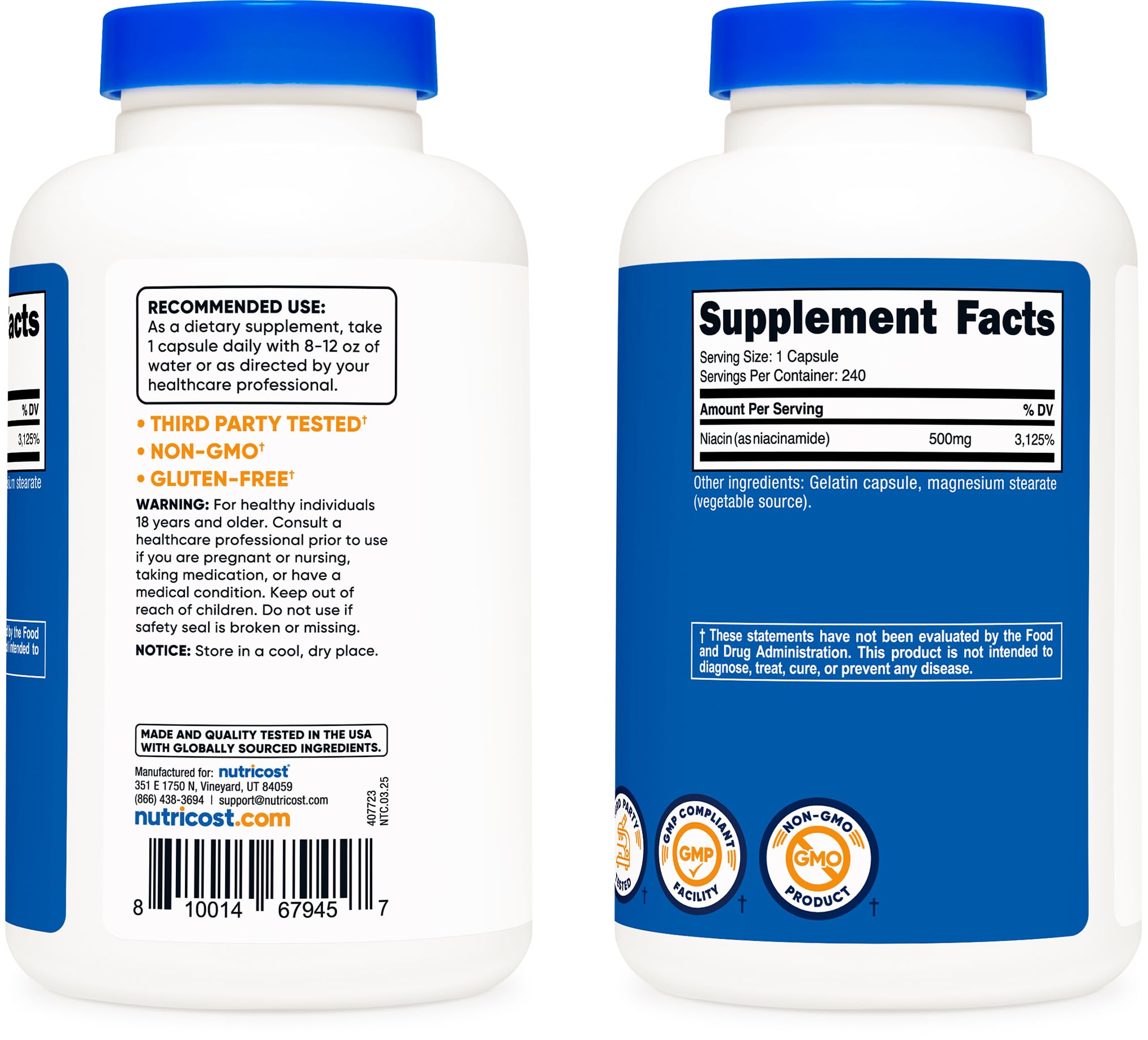 Etiqueta Nutricost con información de 500 mg y certificaciones