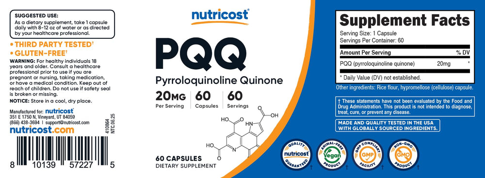 Nutricost PQQ etiqueta nutricional y certificaciones para tranquilidad