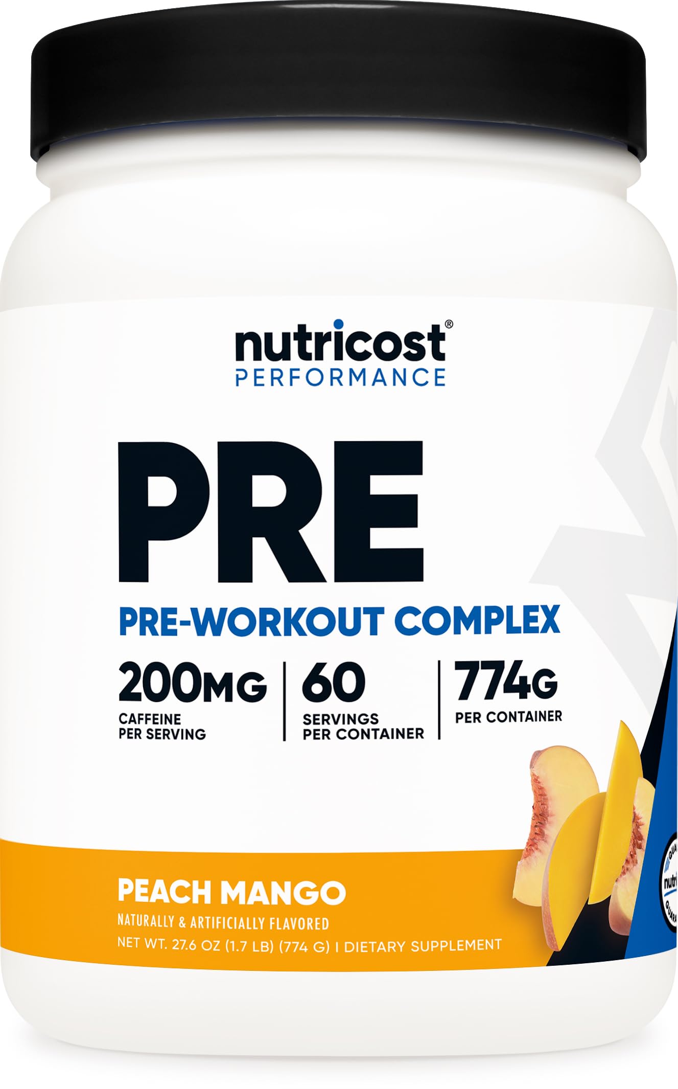 Nutricost envase frontal Peach Mango mostrando etiqueta y raciones