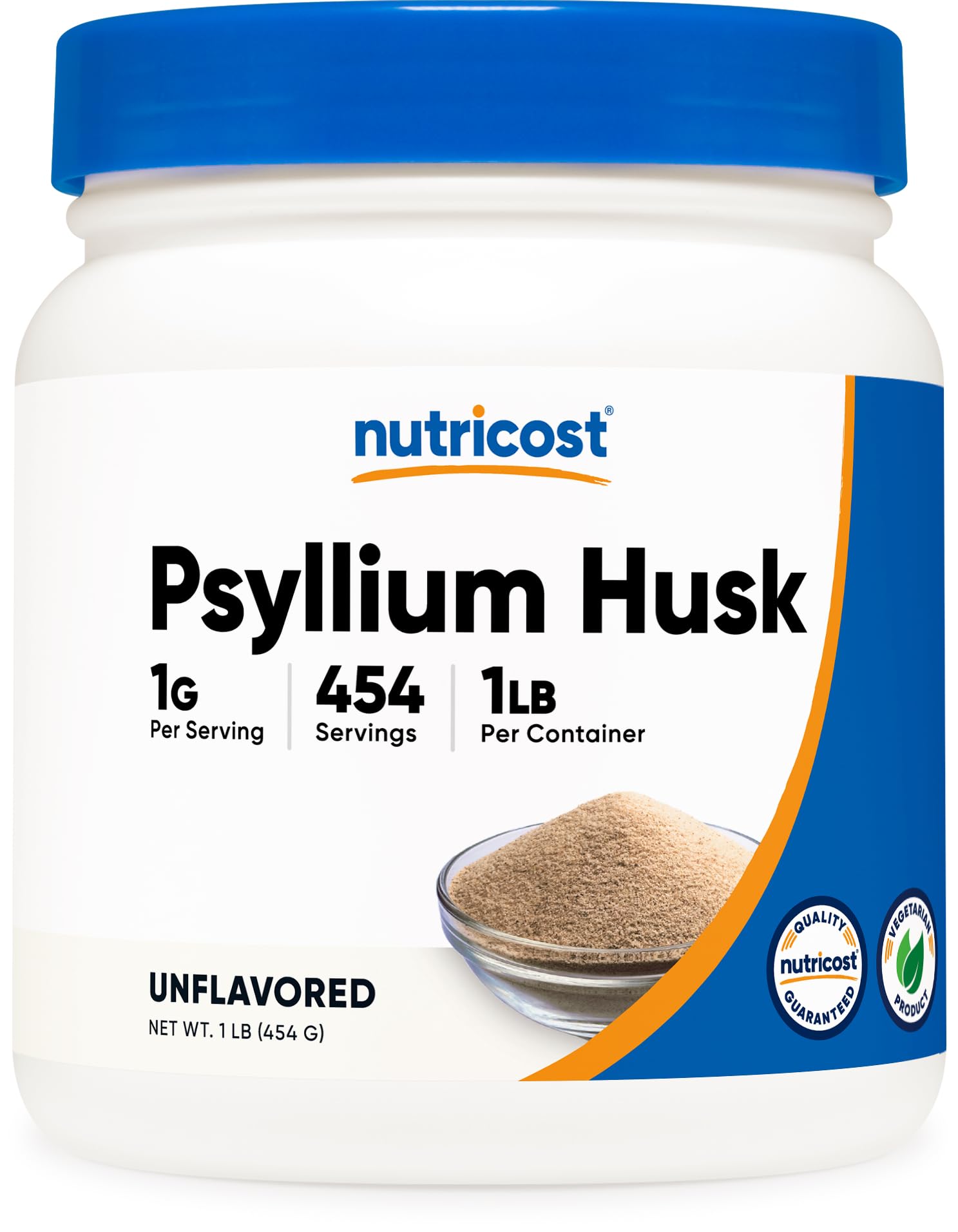 Nutricost cáscara de psyllium frente del paquete mostrando tamaño y marca