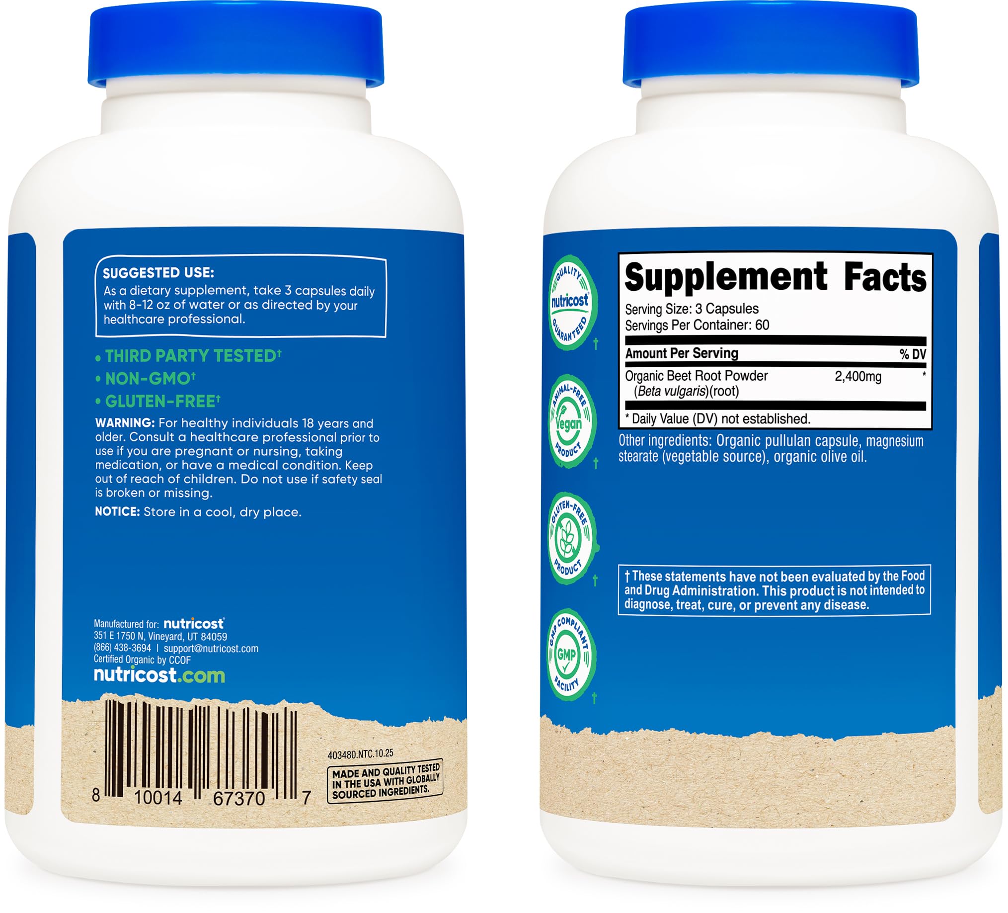 Nutricost etiqueta con lista de ingredientes y certificaciones CCOF, NSF y GMP