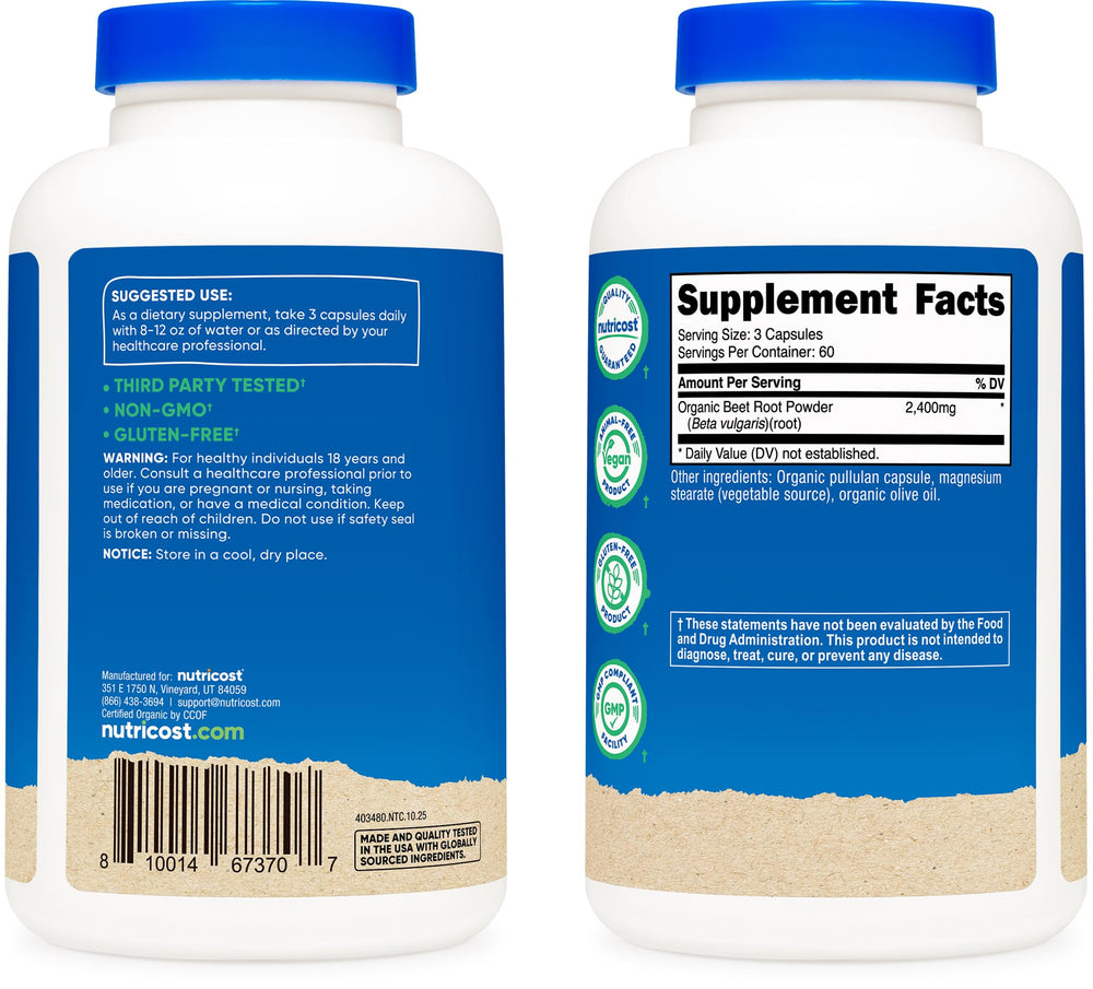 Nutricost etiqueta con lista de ingredientes y certificaciones CCOF, NSF y GMP