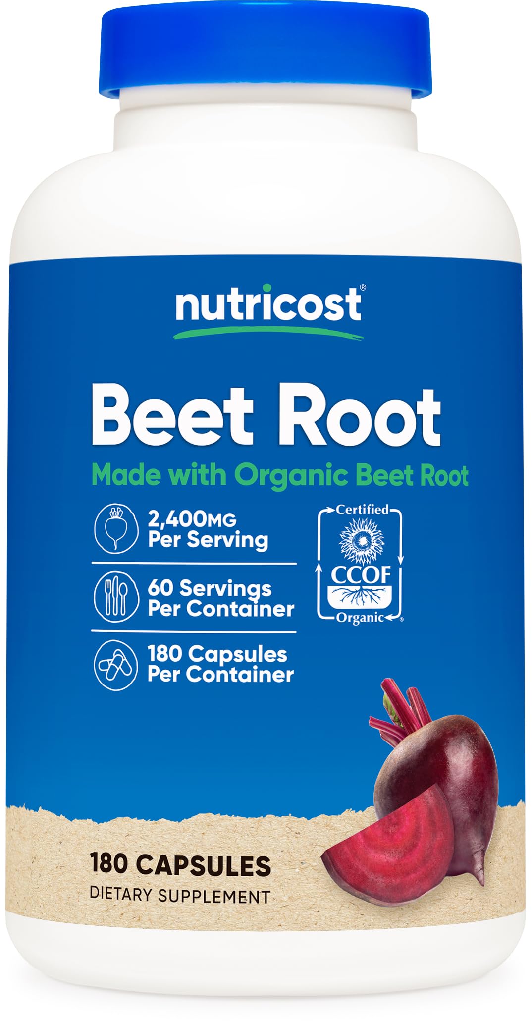 Nutricost envase frontal de Beet Root 2400mg mostrando cantidad y certificación orgánica