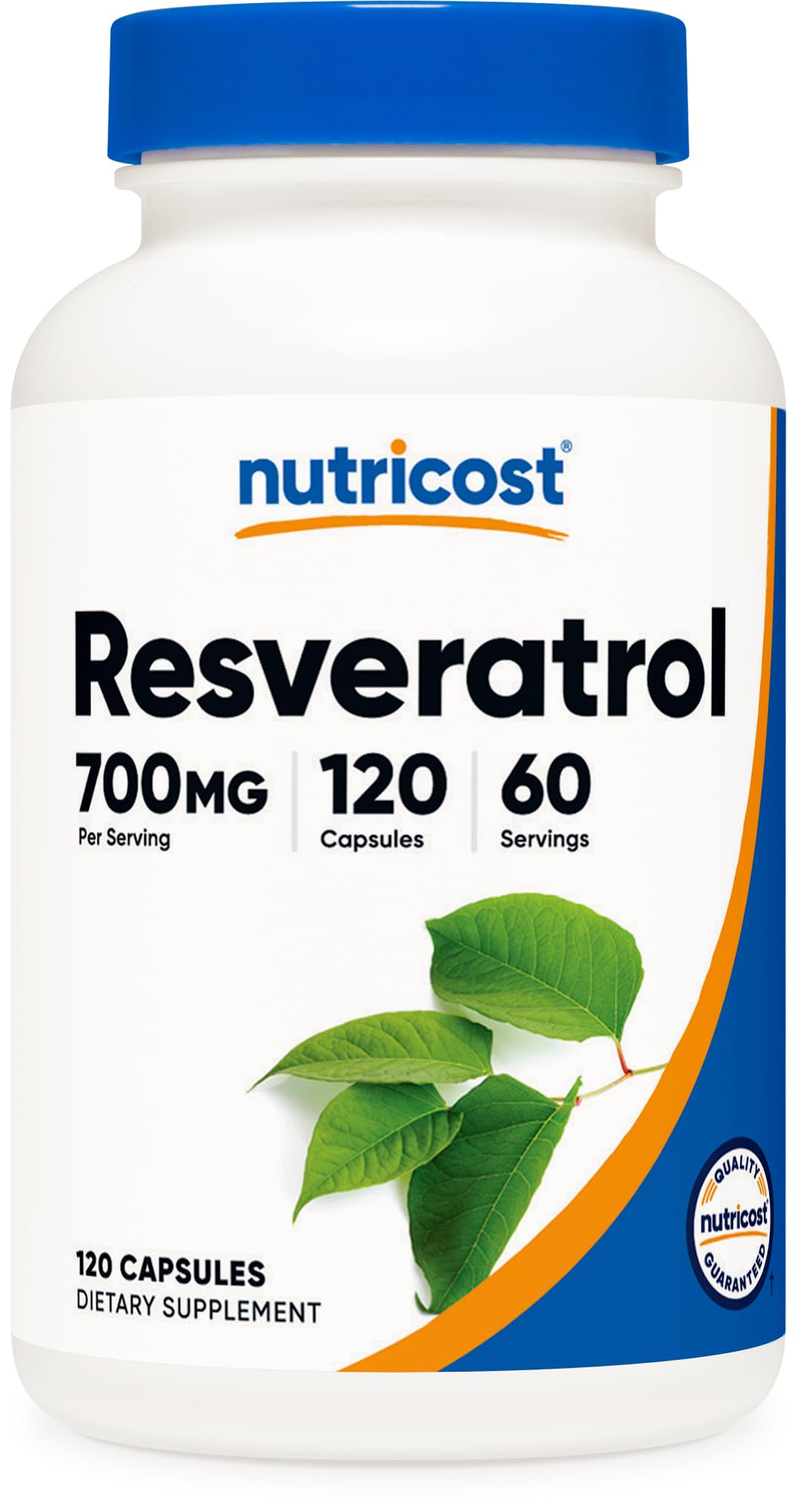Nutricost frasco frontal mostrando Resveratrol 700 mg y beneficios de pureza