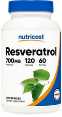 Nutricost frasco frontal mostrando Resveratrol 700 mg y beneficios de pureza