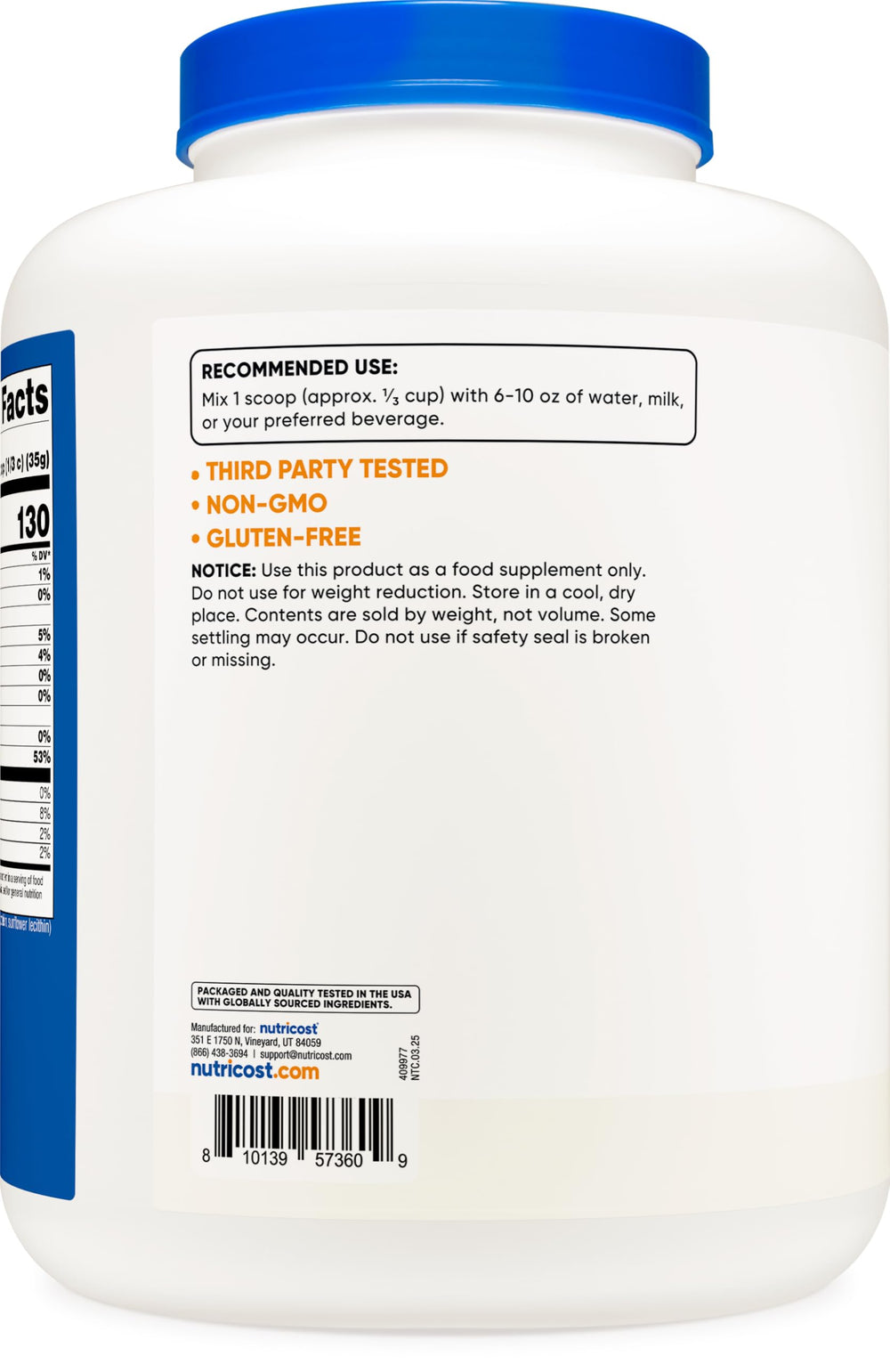 Nutricost scoop con polvo indicando 30 g de proteína por porción