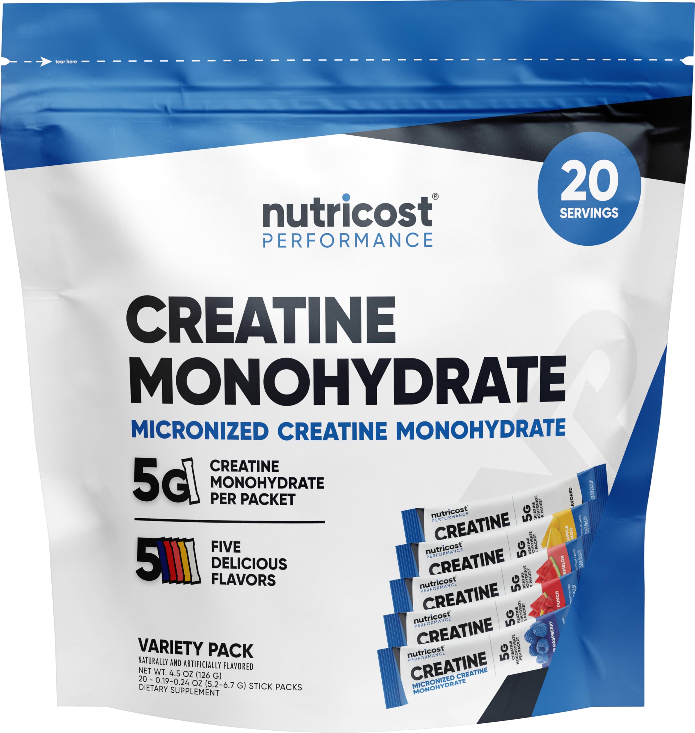 Nutricost empaque frontal mostrando stickpacks, conveniencia para llevar