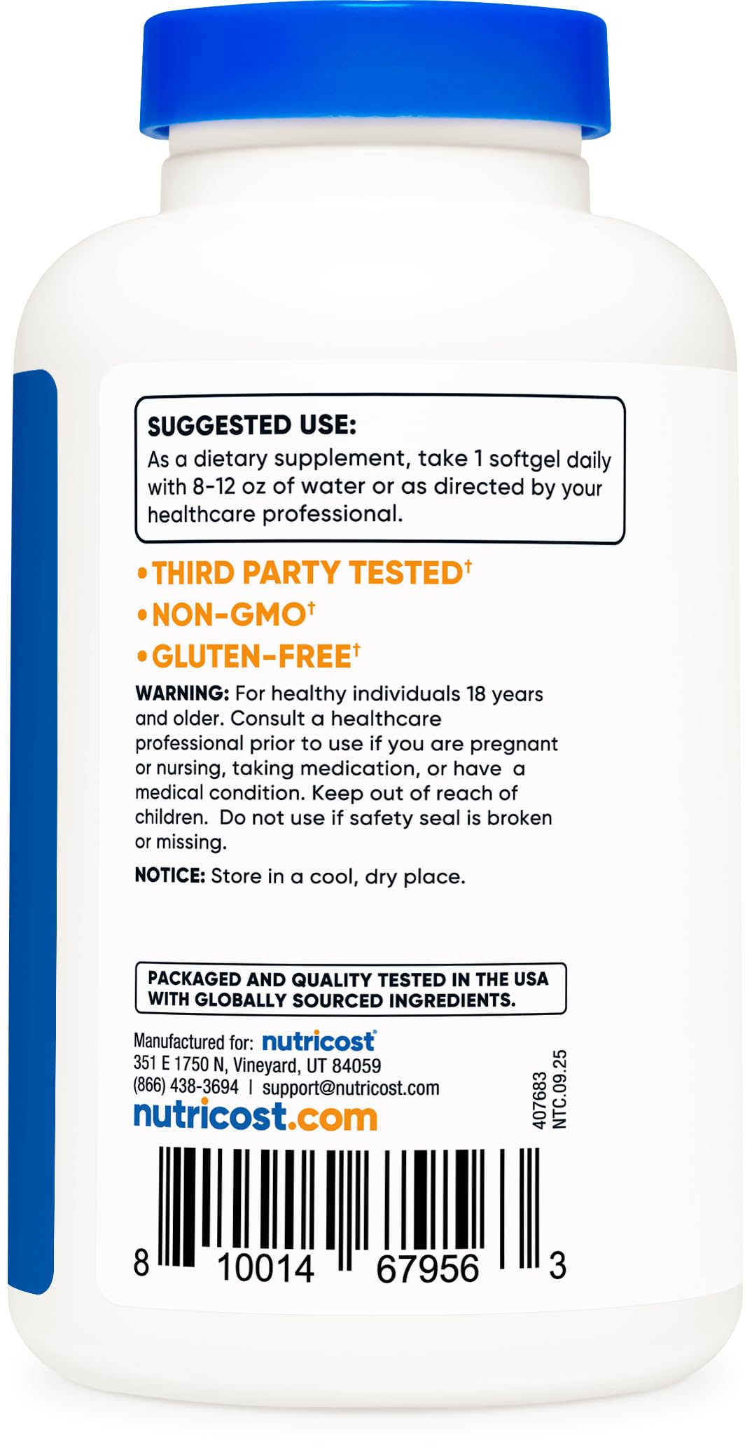 Nutricost comparación de tamaño del frasco en mano para visualizar cantidad