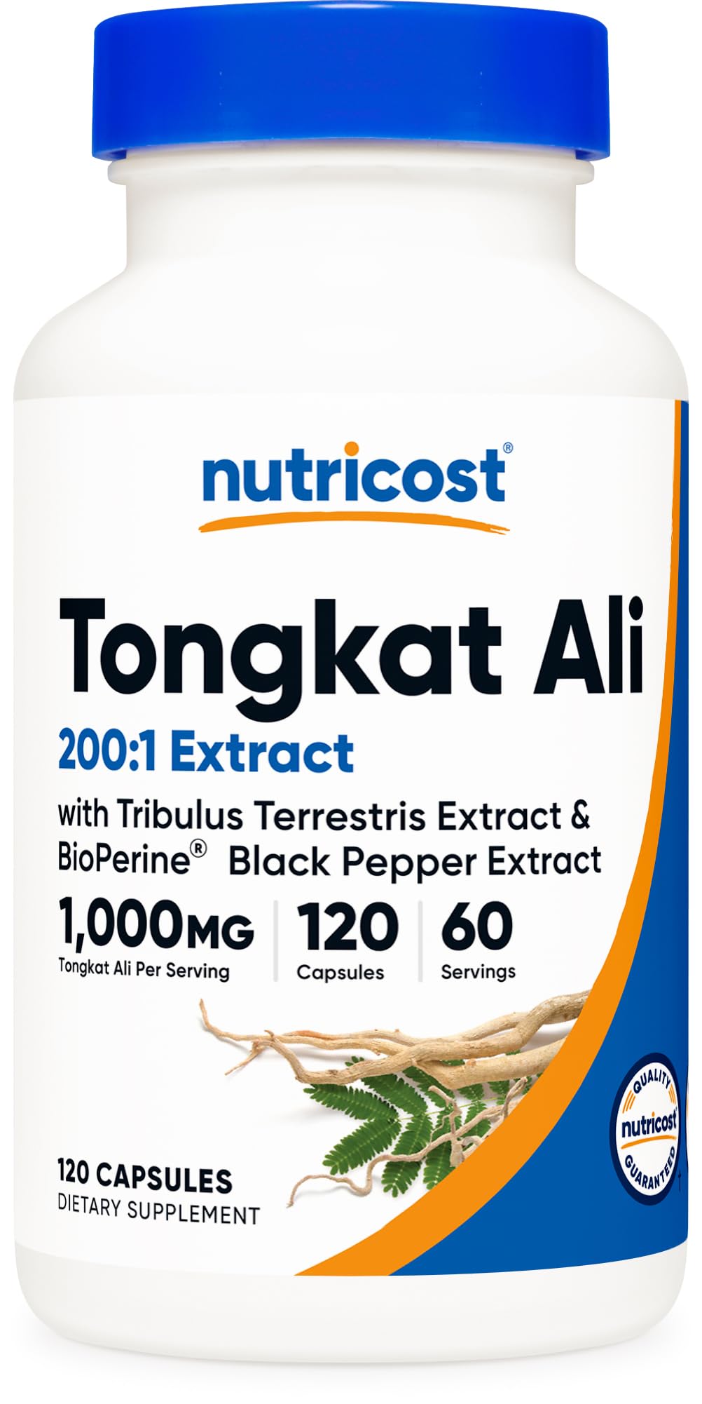 Nutricost Tongkat Ali frente del envase mostrando tamaño y marca para fácil identificación