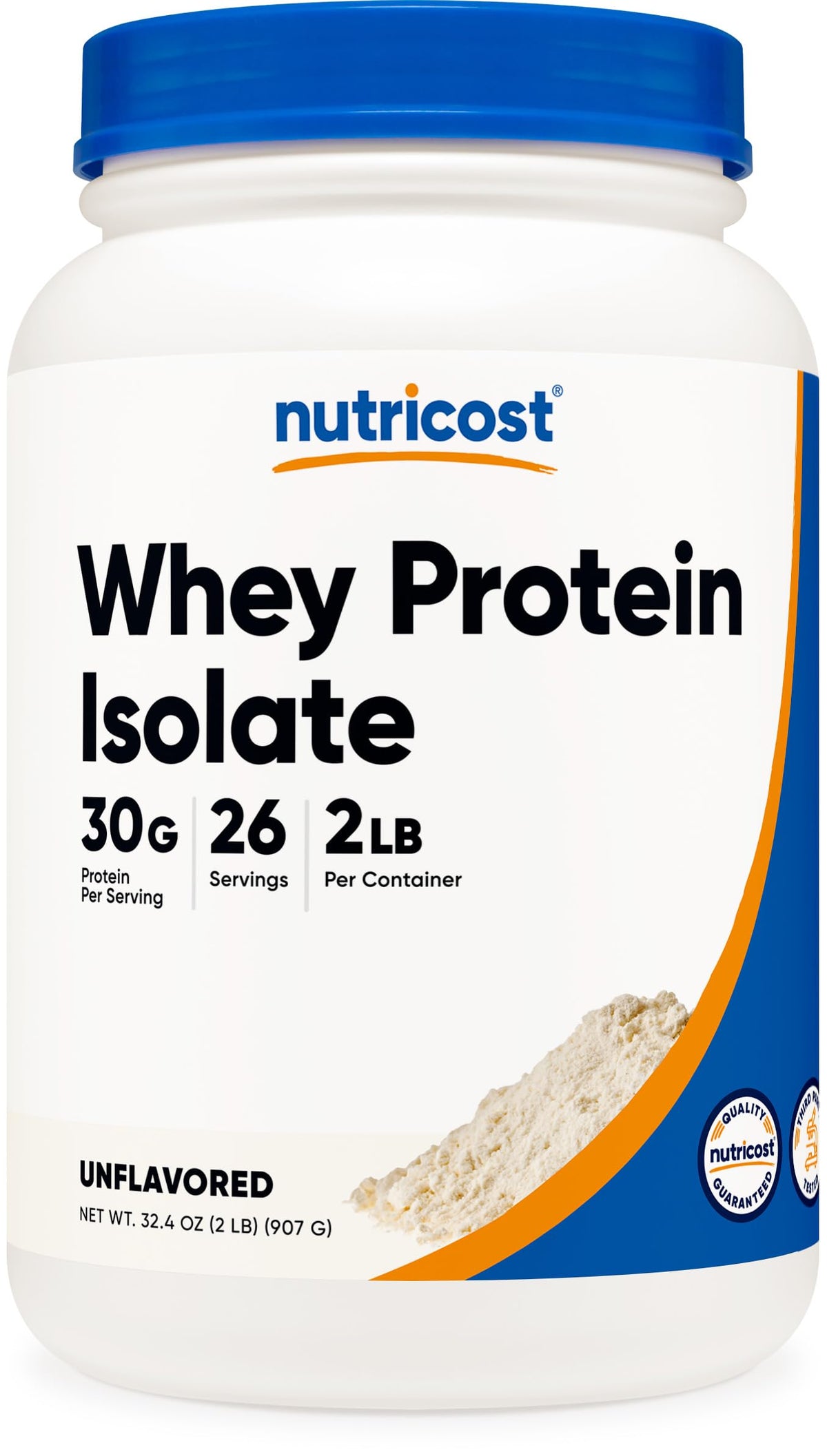 Nutricost Whey Protein Isolate frente del envase mostrando tamaño y marca, confianza de calidad