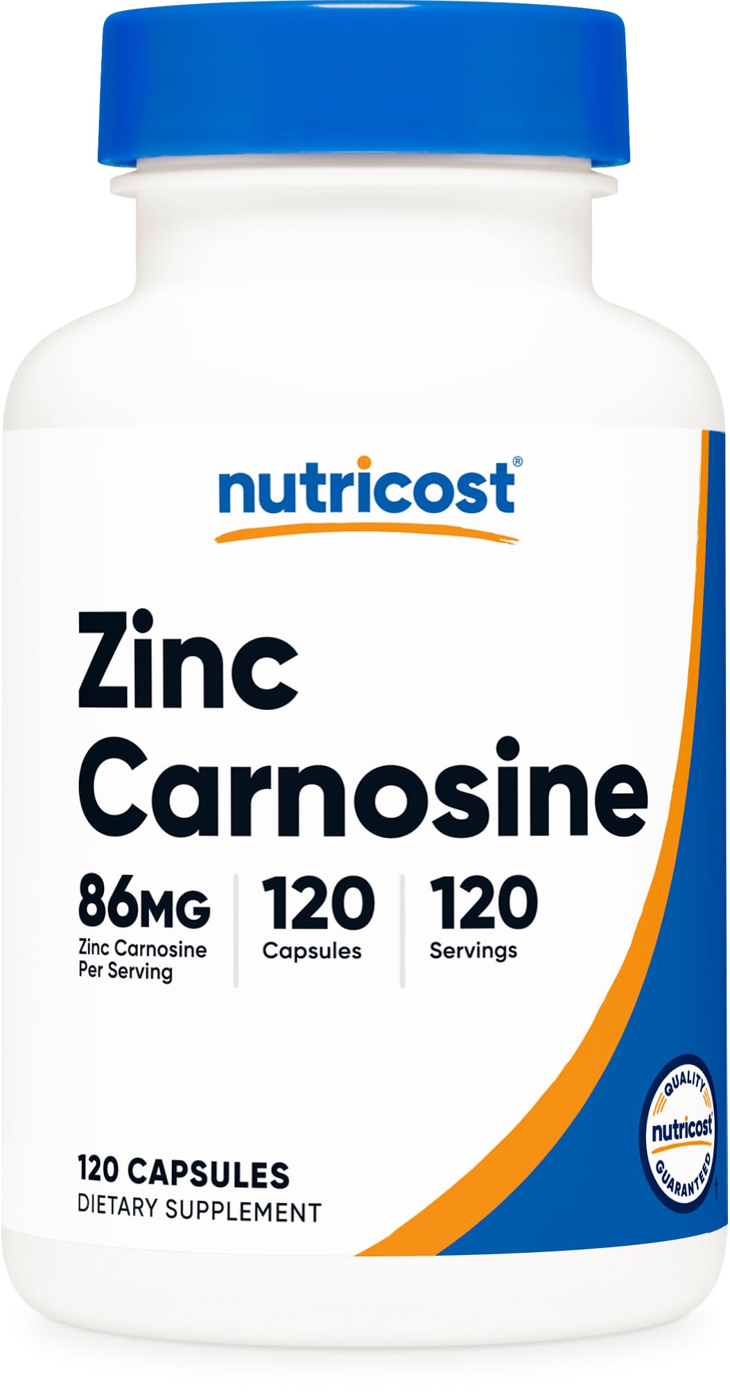 Nutricost frasco frontal mostrando Zinc Carnosine y cantidad de cápsulas