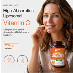 NutriFlair bottle held in hand showing scale and capsule count benefit