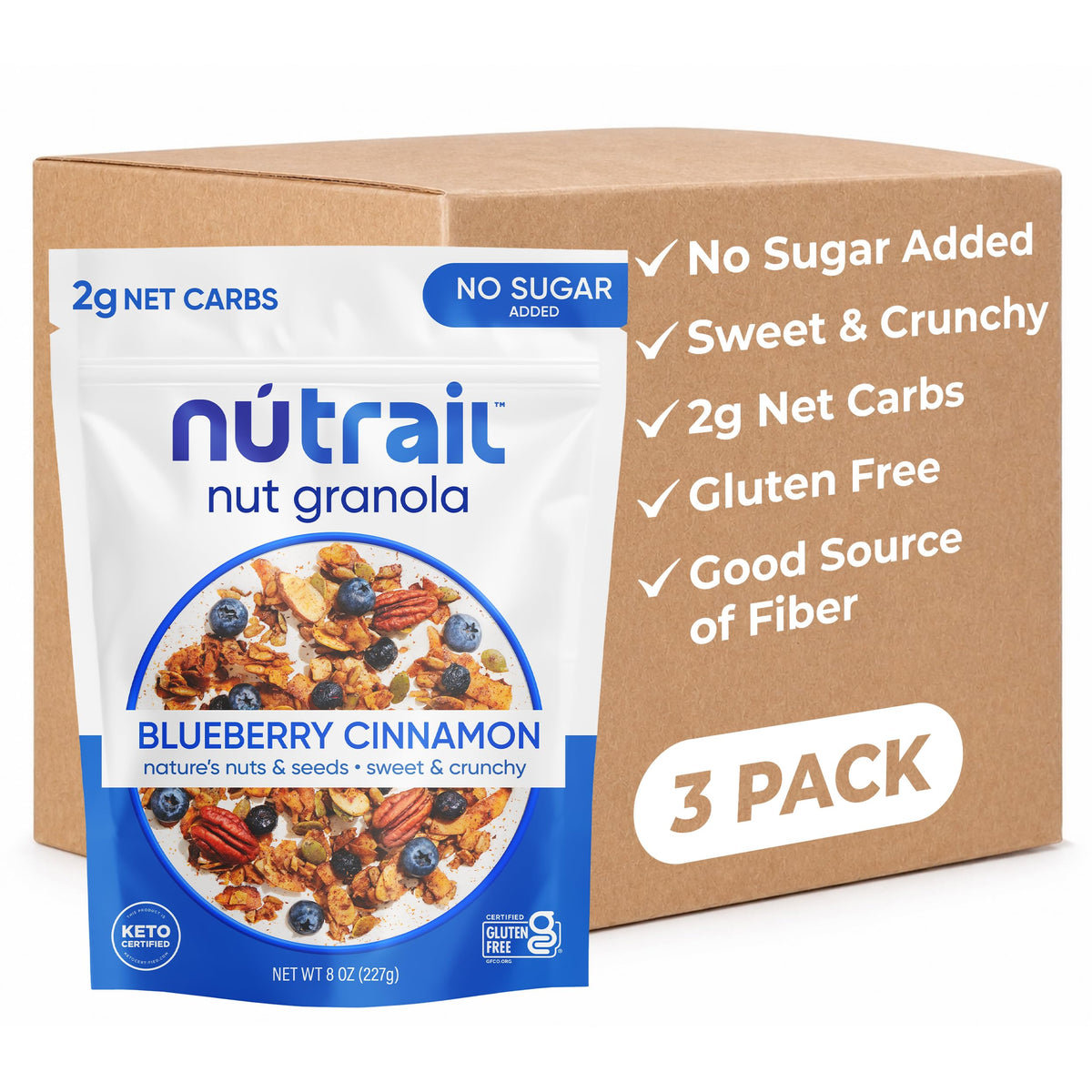 NuTrail empaque frontal mostrando marca y variedad arándano canela