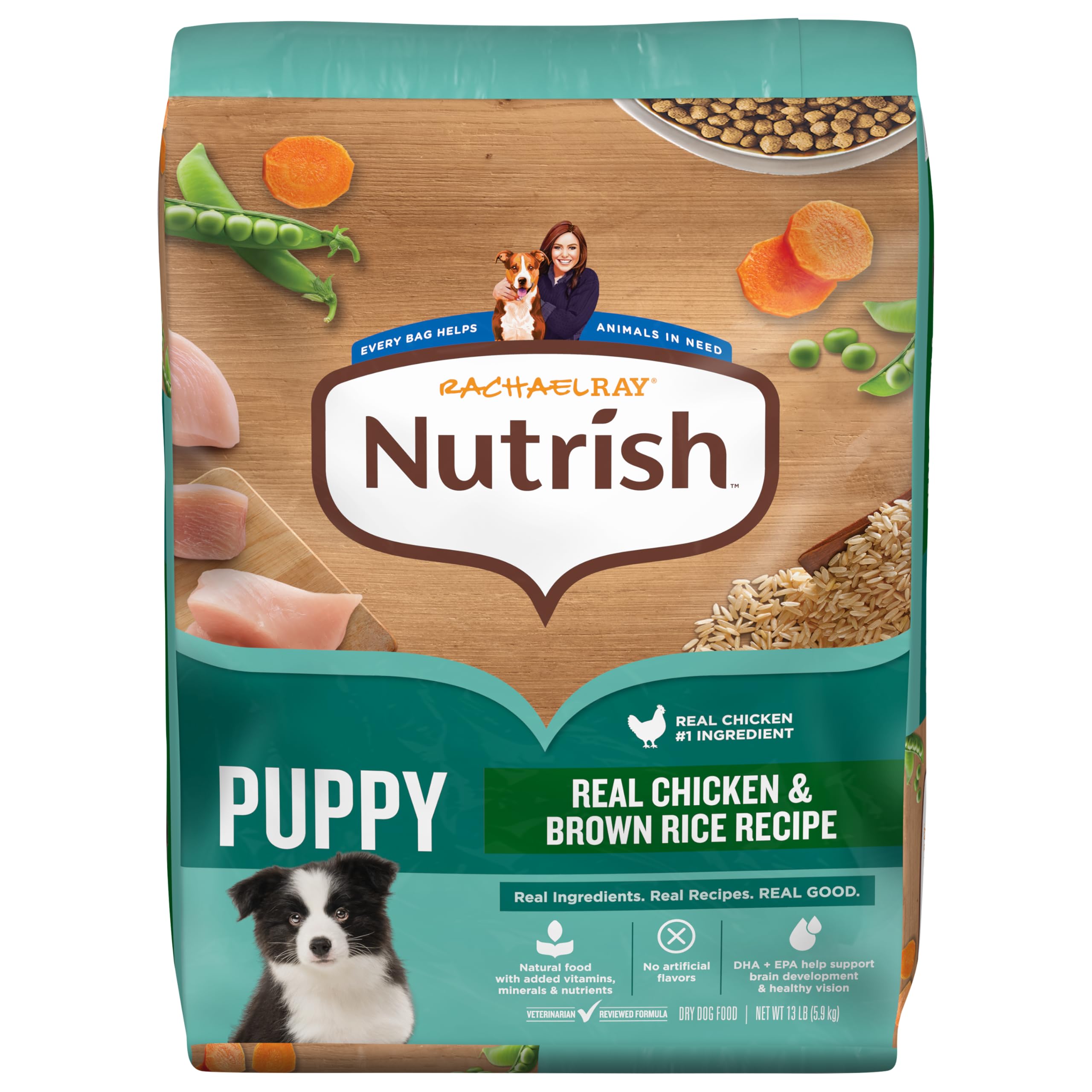 Nutrish bolsa frente mostrando receta puppy y beneficio nutricional