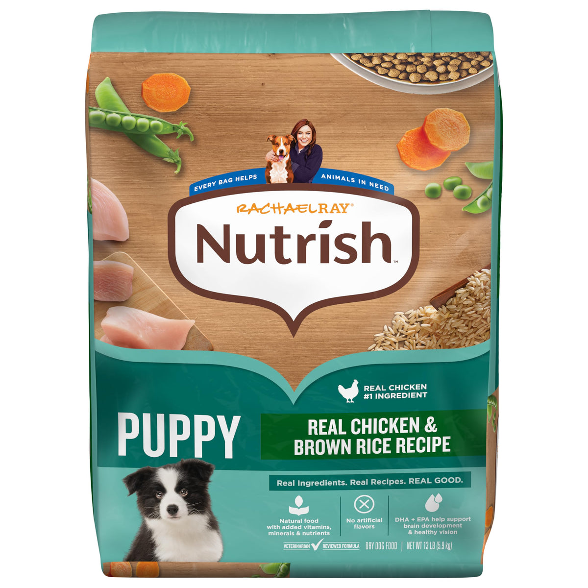 Nutrish bolsa frente mostrando receta puppy y beneficio nutricional
