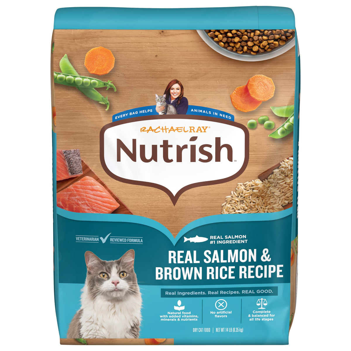 Nutrish bolsa frontal mostrando salmón y arroz para decisión rápida