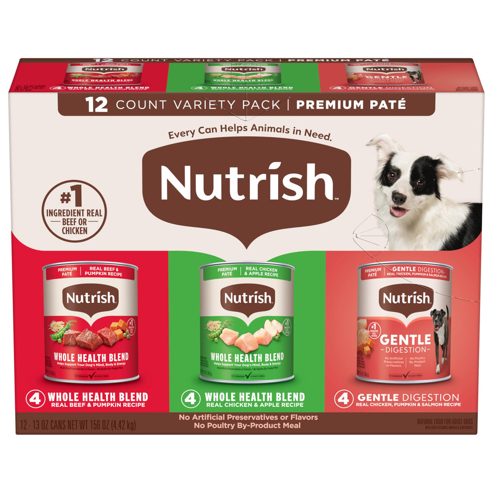 Nutrish vista frontal del empaque con diseño claro y sabores variados