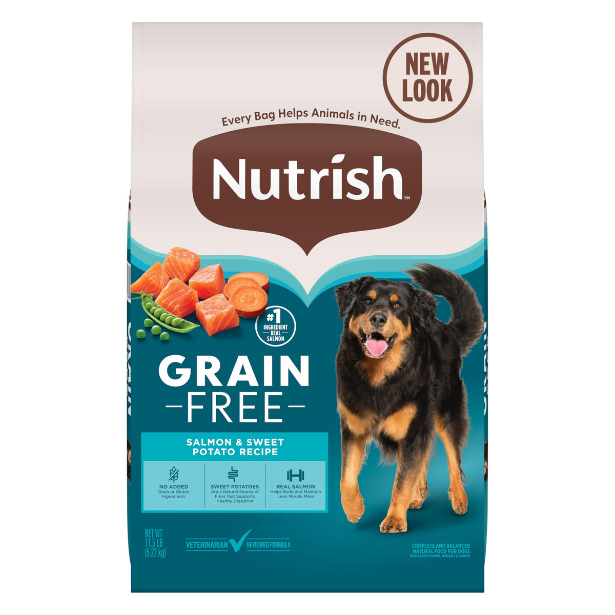 Nutrish bolsa frontal con salmón real y beneficio nutricional visible