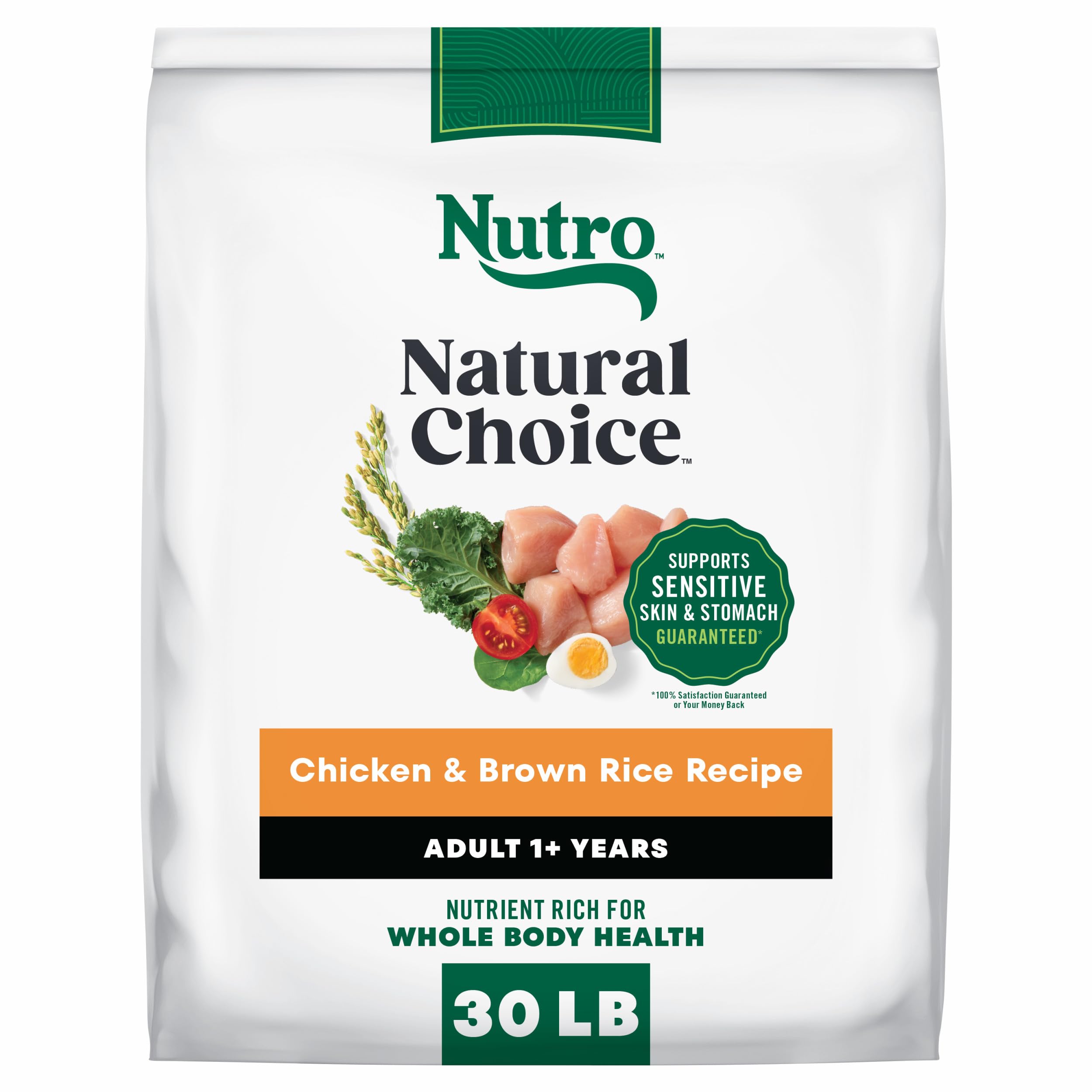 Nutro bolsa frontal Pollo y Arroz Integral mostrando diseño y peso 30 lb