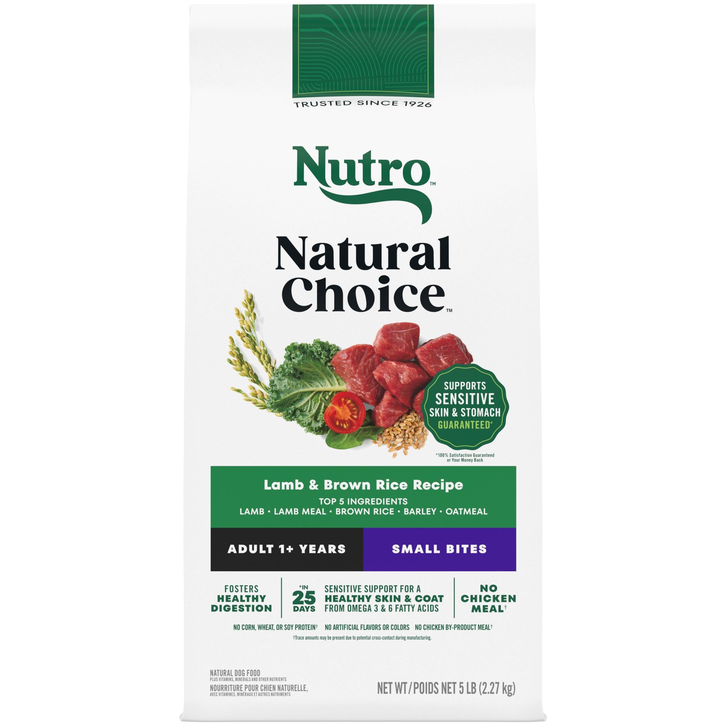 Nutro empaque frontal Lamb & Rice mostrando la fórmula y beneficios