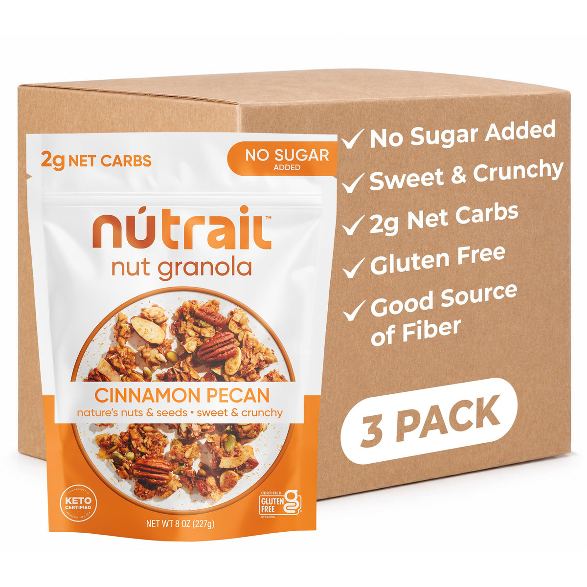 NuTrail frente del paquete Cinnamon Pecan mostrando mezcla crujiente