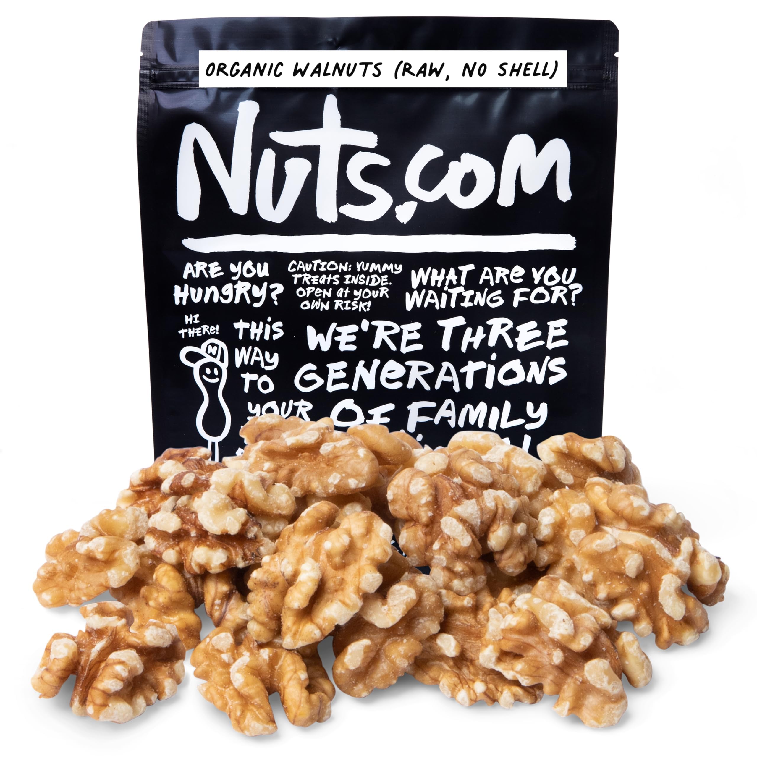 Nuts.com paquete frontal de 2 lb mostrando marca y descripción, conserva frescura