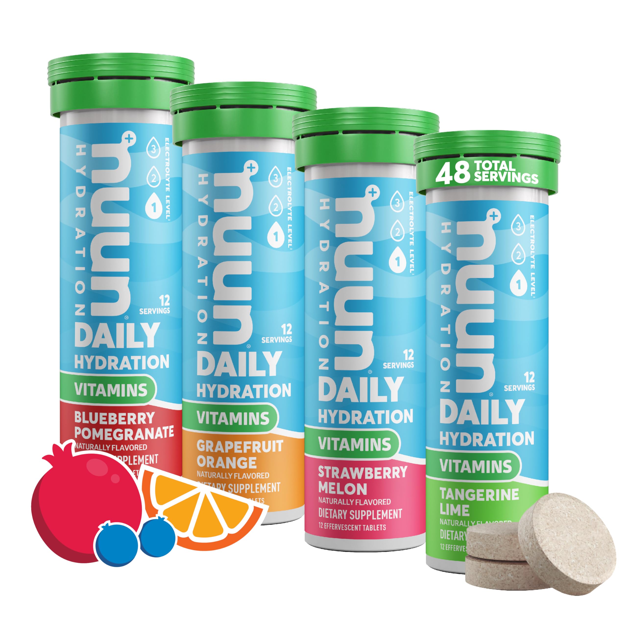 Nuun empaque frontal mostrando sabores mixtos y facilidad de transporte