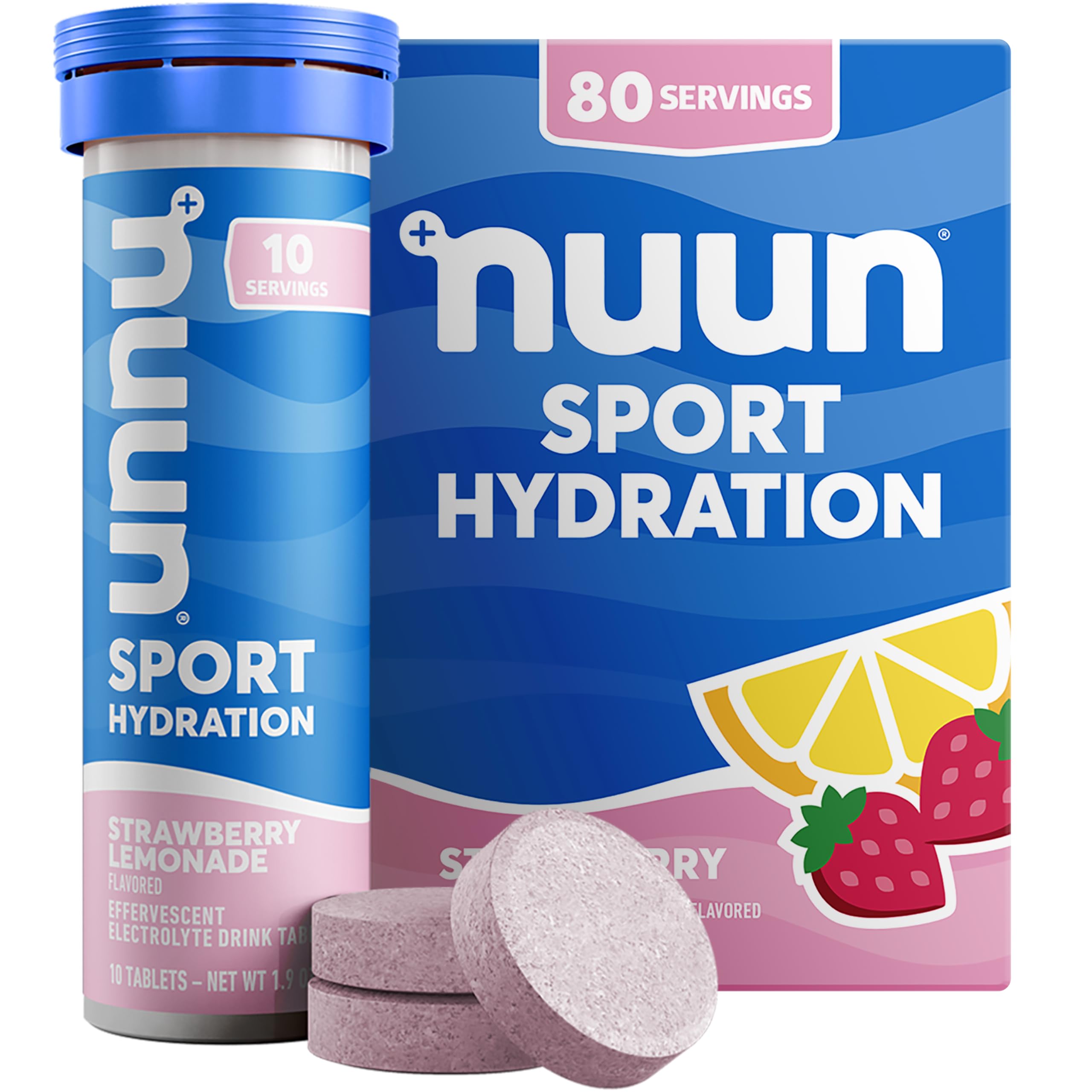 Nuun frente del tubo Fresa-Limón mostrando marca y beneficio práctico