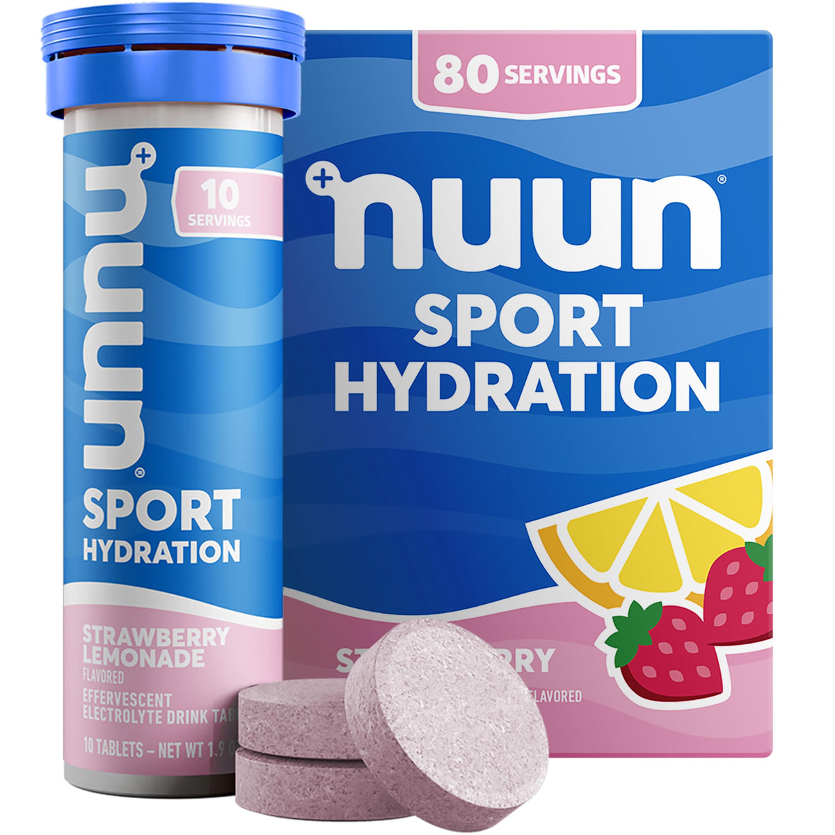 Nuun frente del tubo Fresa-Limón mostrando marca y beneficio práctico