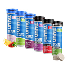 Nuun vista frontal de tubos del pack variedad mostrando colores y beneficios