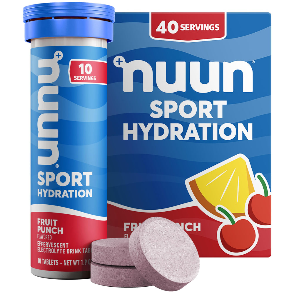 Nuun front packaging showing fruit punch 4-pack and benefits
