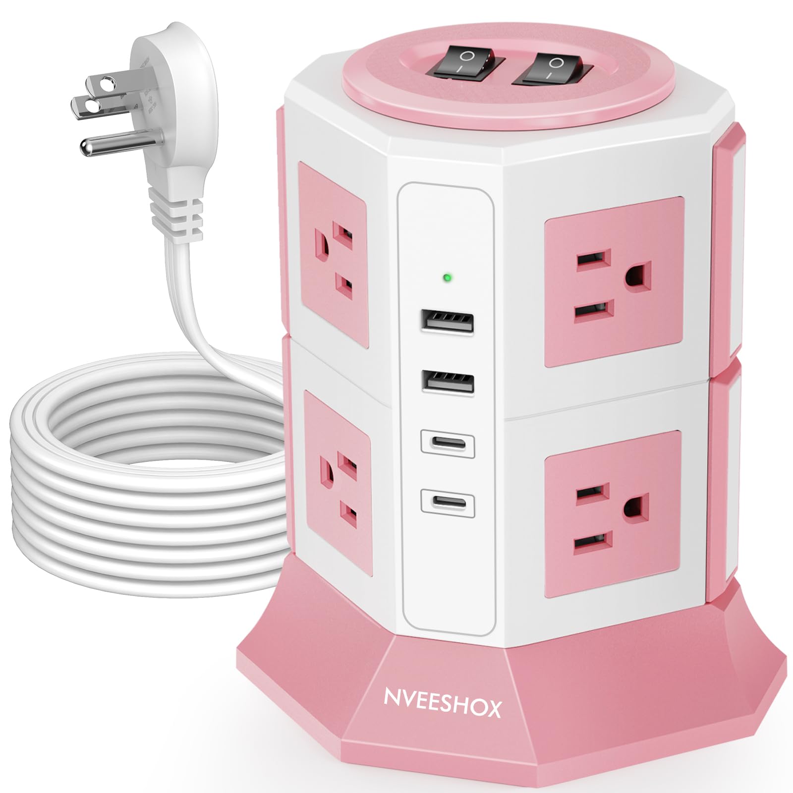 NVEESHOX torre frontal mostrando 8 enchufes y 4 puertos USB, orden y capacidad