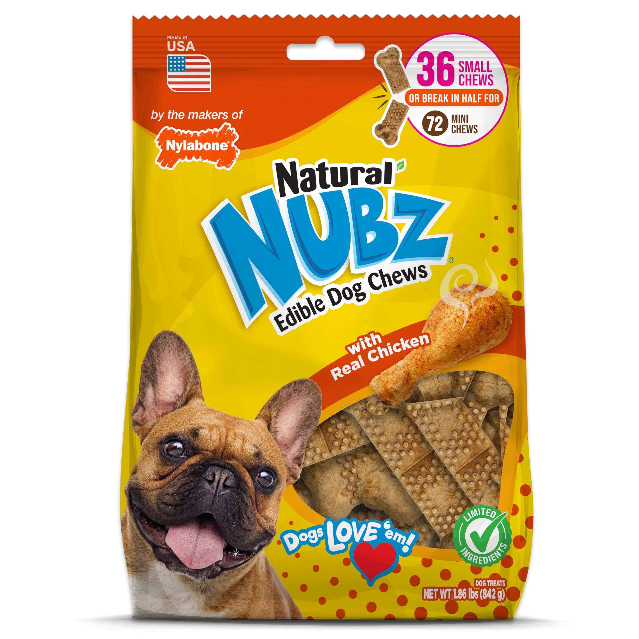 Nylabone front packaging showing 36-count chicken dental chews and clear labeling