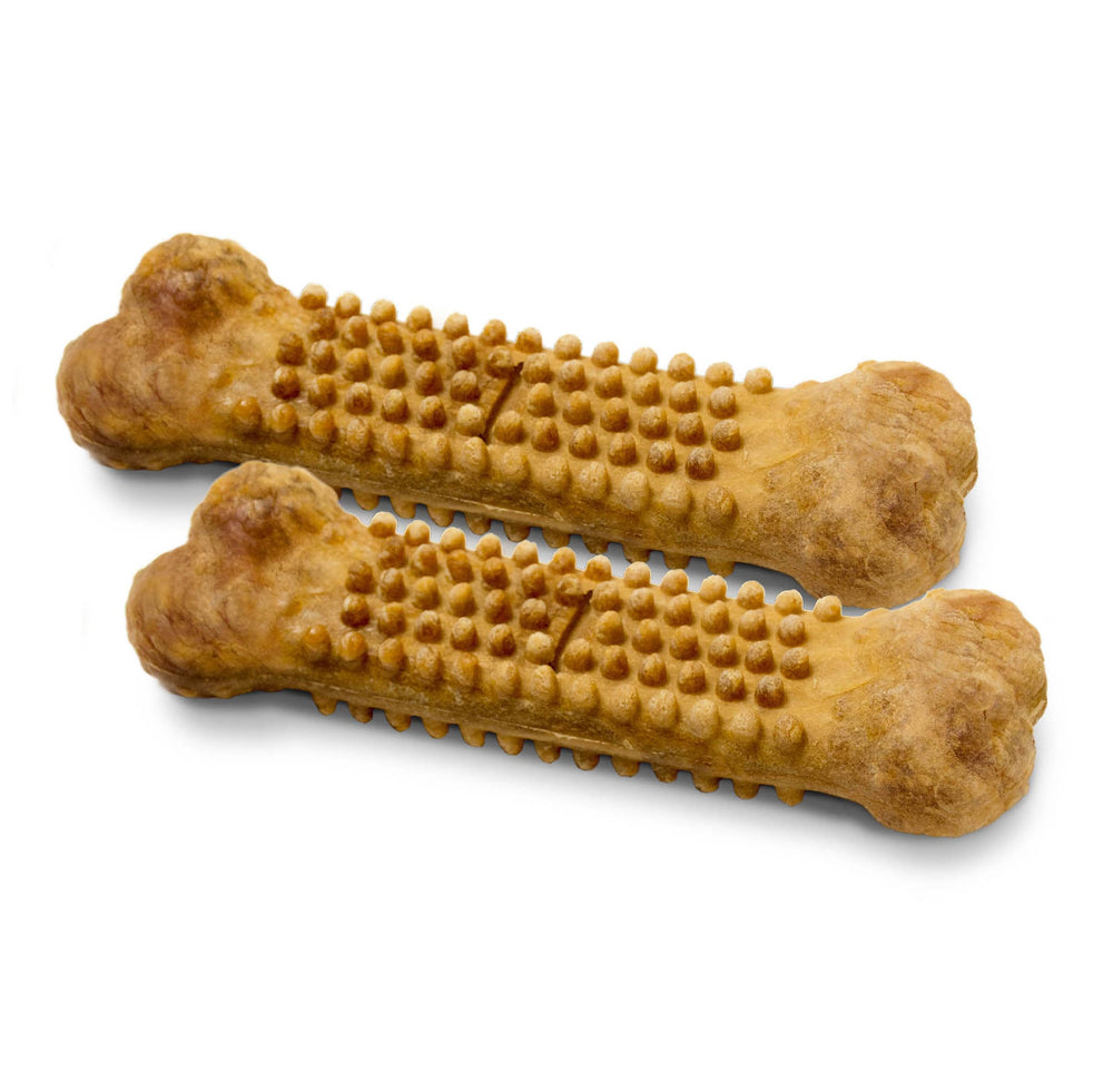 Nylabone scattered treats on wood surface illustrating everyday availability