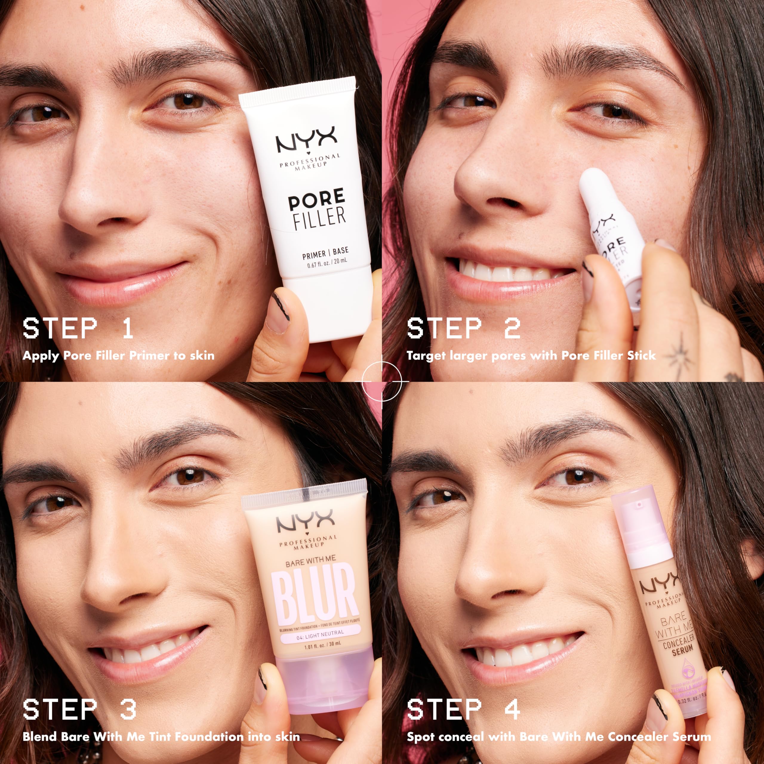 NYX Pore Filler comparación antes y después mostrando poros difuminados