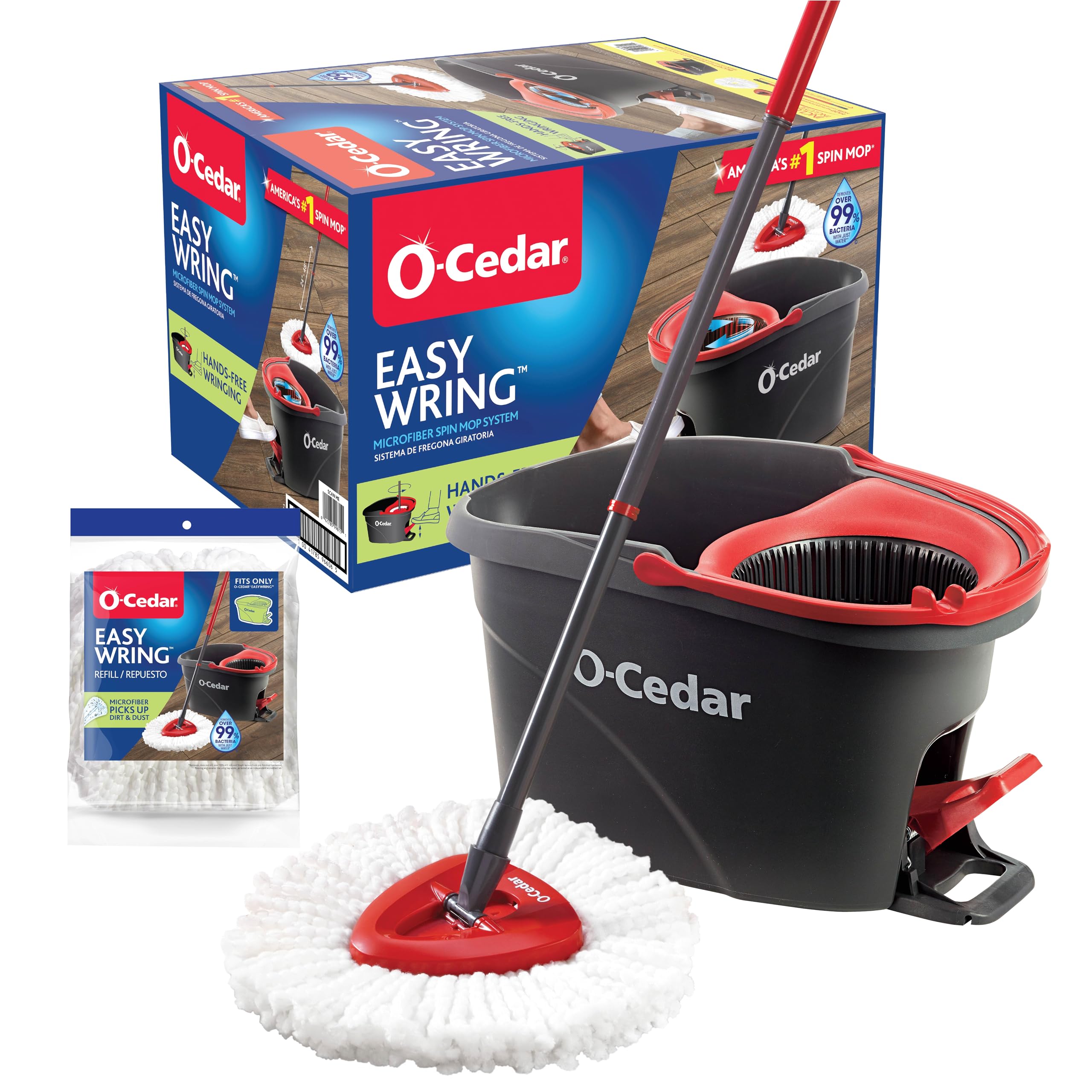 O-Cedar vista frontal del empaque que muestra el sistema completo y su practicidad