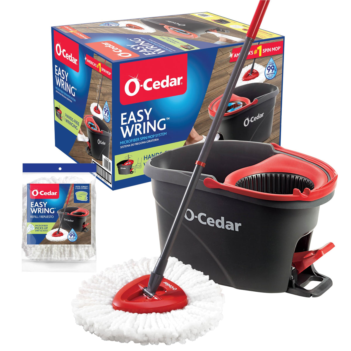 O-Cedar vista frontal del empaque que muestra el sistema completo y su practicidad
