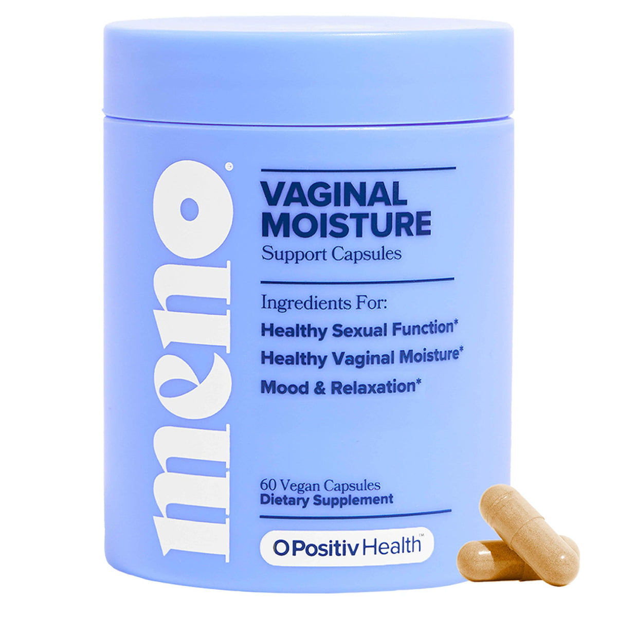 O Positiv frasco frontal mostrando MENO Vaginal Moisture y conveniencia diaria