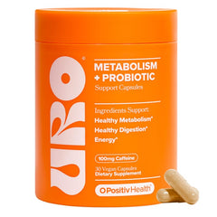 O Positiv envase frontal del suplemento para metabolismo y probiótico, anuncia energía