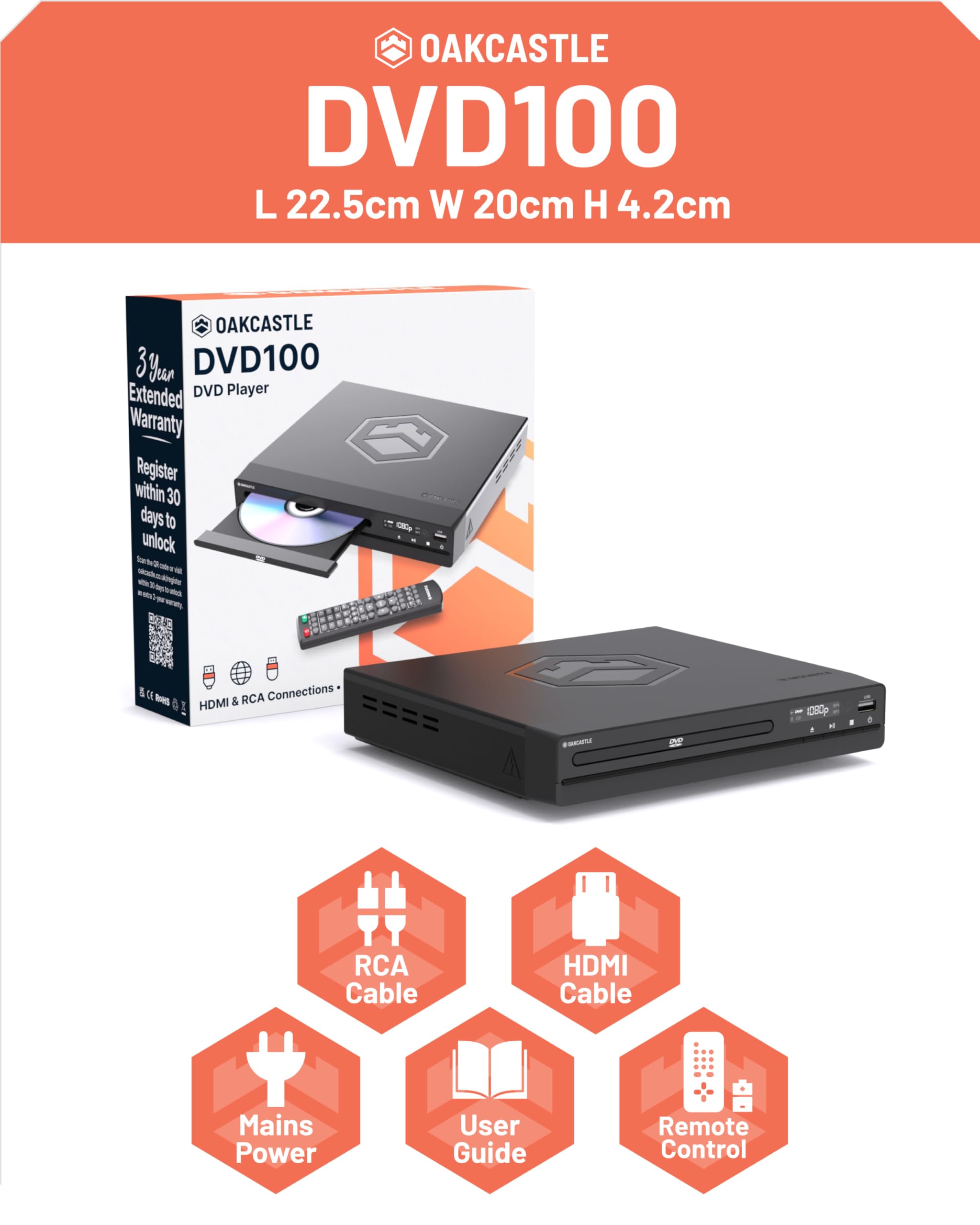 Oakcastle DVD100 al lado de una mano y un mando para mostrar tamaño compacto y portátil