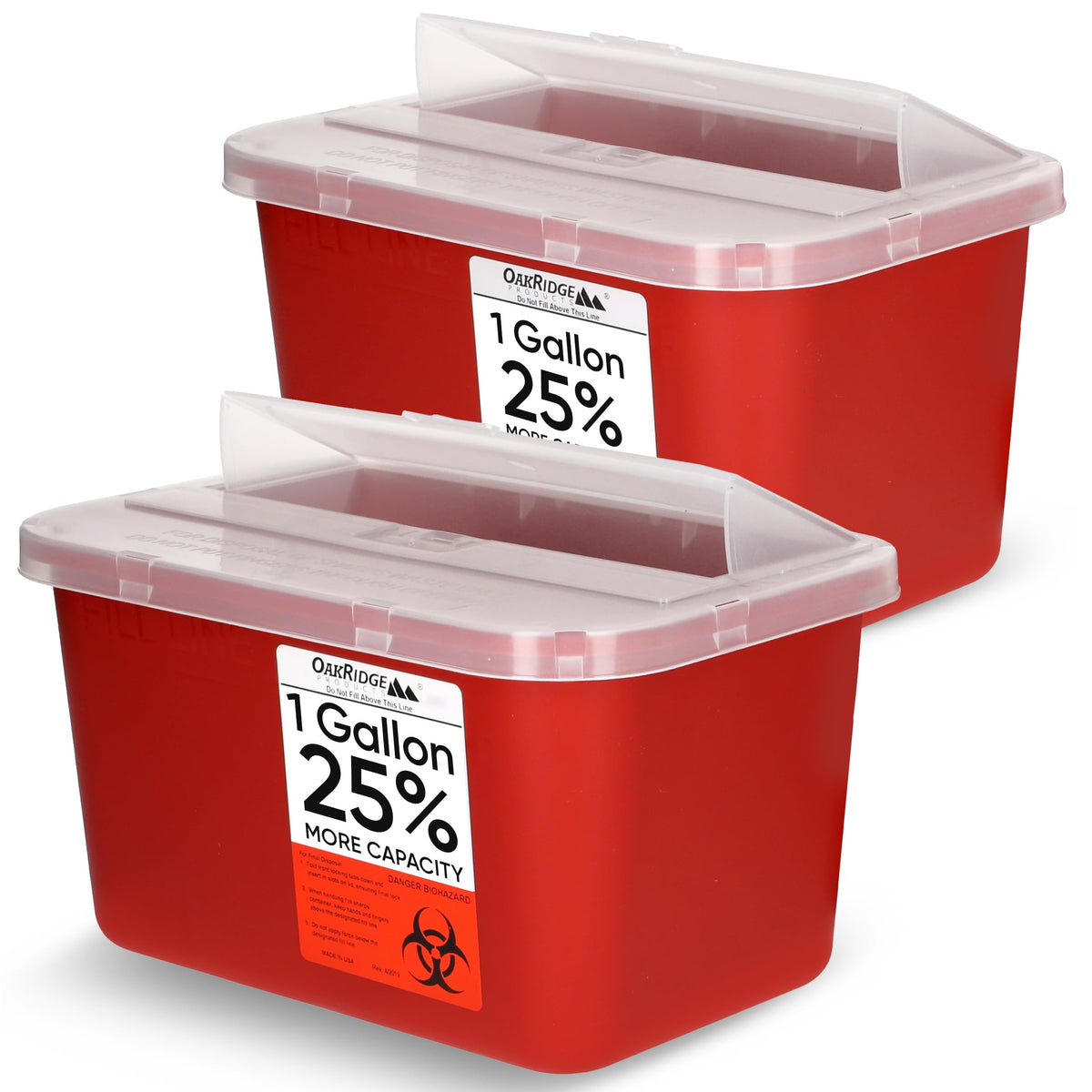 OakRidge Products contenedor frontal mostrando etiqueta y forma segura