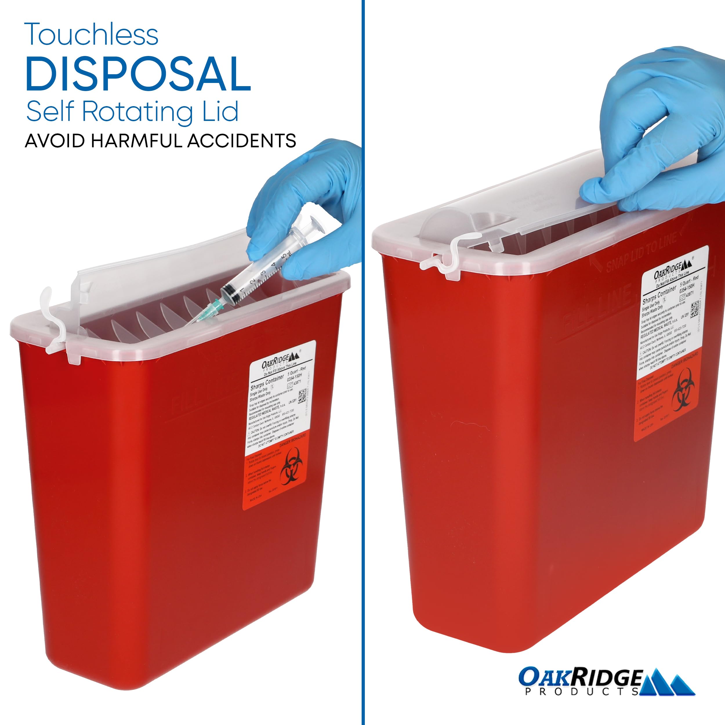 OAKRIDGE PRODUCTS mano depositando jeringa demostrando uso seguro