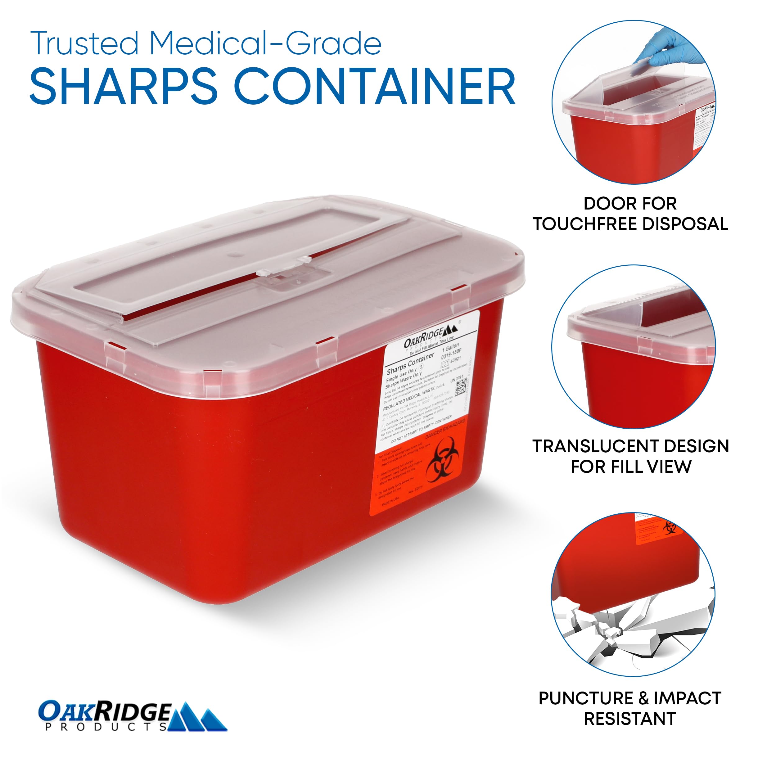 OakRidge Products contenedor en consultorio demostrando uso seguro
