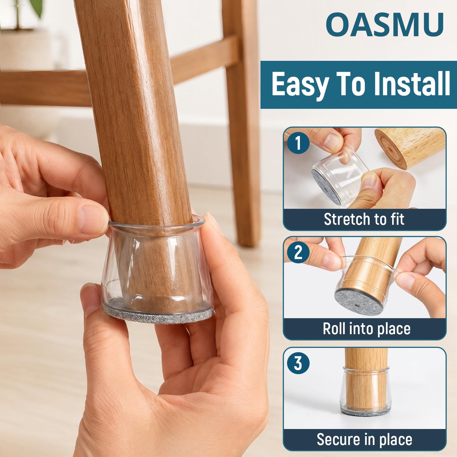 OASMU protectores instalados en silla de comedor para mover sin ruido